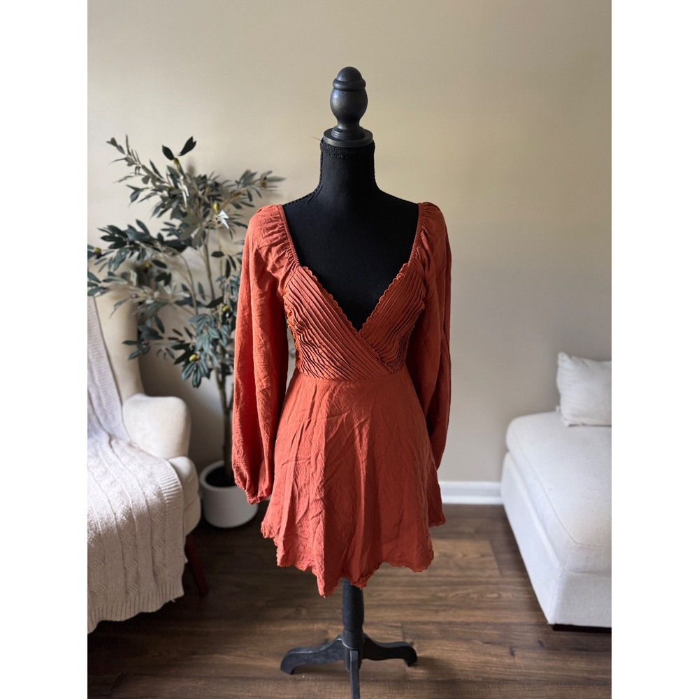 Indikah Rust Orange Pleated V-Neck Balloon Sleeve Mini Dress XS